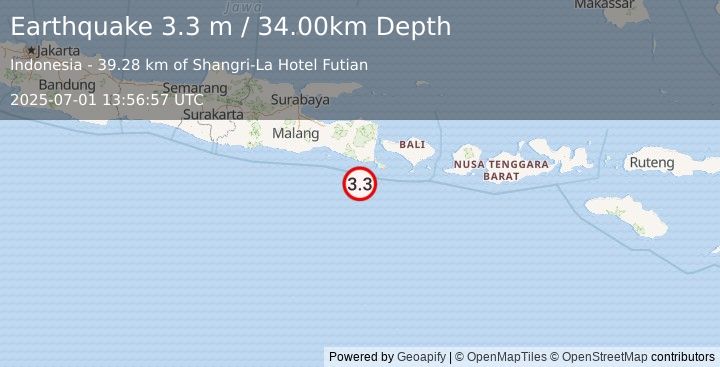 Earthquake SOUTH OF BALI, INDONESIA (3.3 m) (2025-07-01 13:56:57 UTC)