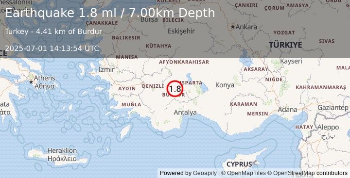 Earthquake WESTERN TURKEY (1.8 ml) (2025-07-01 14:13:54 UTC)