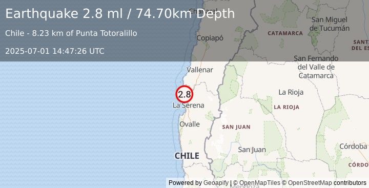 Earthquake OFFSHORE COQUIMBO, CHILE (2.8 ml) (2025-07-01 14:47:26 UTC)