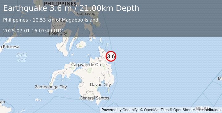 Earthquake MINDANAO, PHILIPPINES (3.6 m) (2025-07-01 16:07:49 UTC)