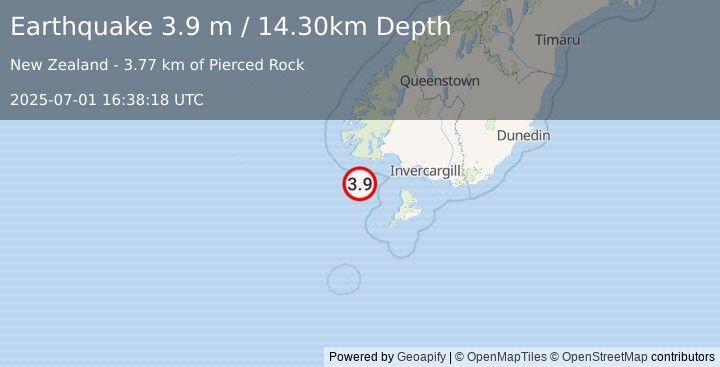 Earthquake OFF W. COAST OF S. ISLAND, N.Z. (3.9 m) (2025-07-01 16:38:18 UTC)