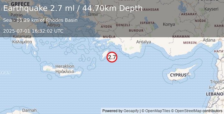 Earthquake DODECANESE IS.-TURKEY BORDER REG (2.7 ml) (2025-07-01 16:32:02 UTC)