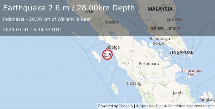 Earthquake NORTHERN SUMATRA, INDONESIA (2.6 m) (2025-07-01 16:34:33 UTC)