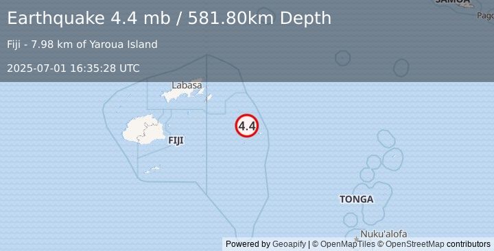 Earthquake FIJI REGION (4.4 mb) (2025-07-01 16:35:28 UTC)