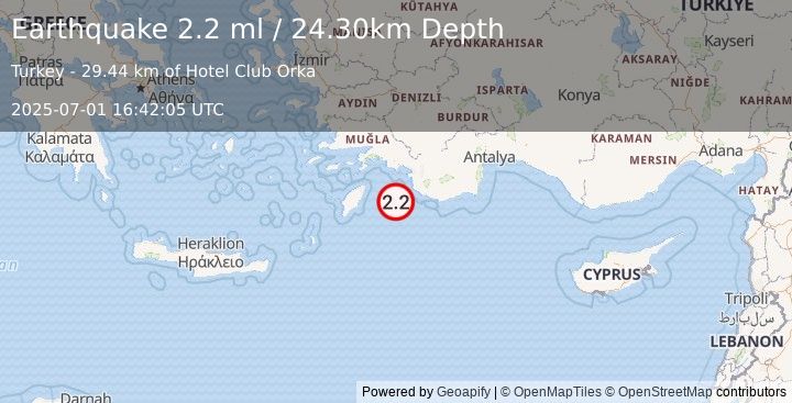 Earthquake DODECANESE IS.-TURKEY BORDER REG (2.2 ml) (2025-07-01 16:42:05 UTC)