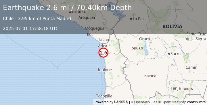 Earthquake TARAPACA, CHILE (2.6 ml) (2025-07-01 17:58:18 UTC)