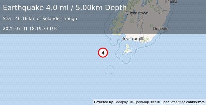 Earthquake OFF W. COAST OF S. ISLAND, N.Z. (4.0 ml) (2025-07-01 18:19:33 UTC)