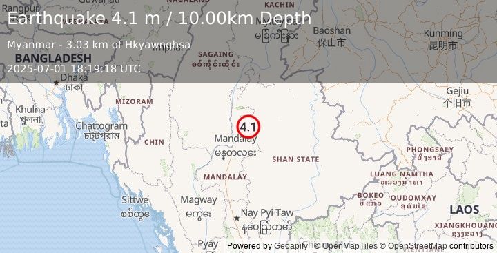 Earthquake MYANMAR (4.1 m) (2025-07-01 18:19:18 UTC)