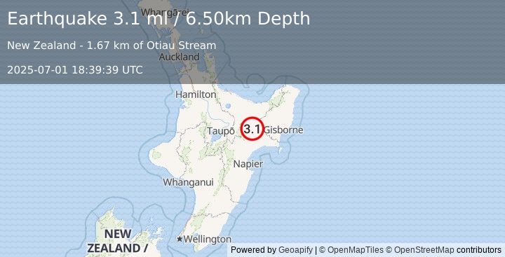 Earthquake NORTH ISLAND OF NEW ZEALAND (3.1 ml) (2025-07-01 18:39:39 UTC)