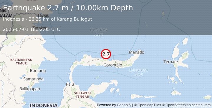 Earthquake MINAHASA, SULAWESI, INDONESIA (2.7 m) (2025-07-01 18:52:05 UTC)