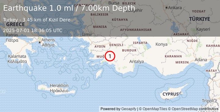 Earthquake WESTERN TURKEY (1.0 ml) (2025-07-01 18:36:05 UTC)