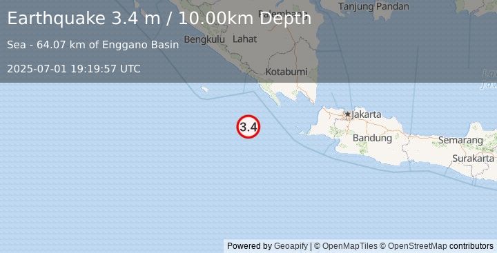 Earthquake SOUTHWEST OF SUMATRA, INDONESIA (3.4 m) (2025-07-01 19:19:57 UTC)