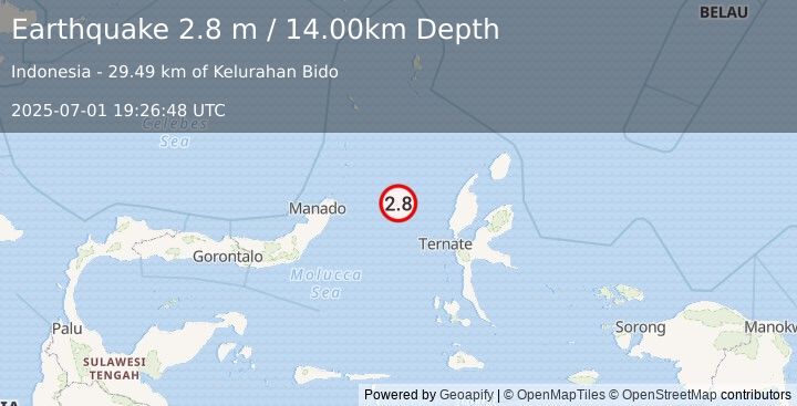 Earthquake MOLUCCA SEA (2.8 m) (2025-07-01 19:26:48 UTC)