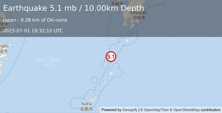 Earthquake RYUKYU ISLANDS, JAPAN (5.1 mw) (2025-07-01 19:32:07 UTC)