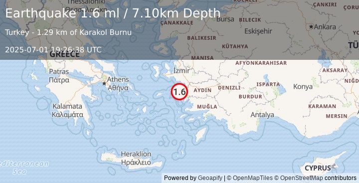 Earthquake WESTERN TURKEY (1.6 ml) (2025-07-01 19:26:38 UTC)