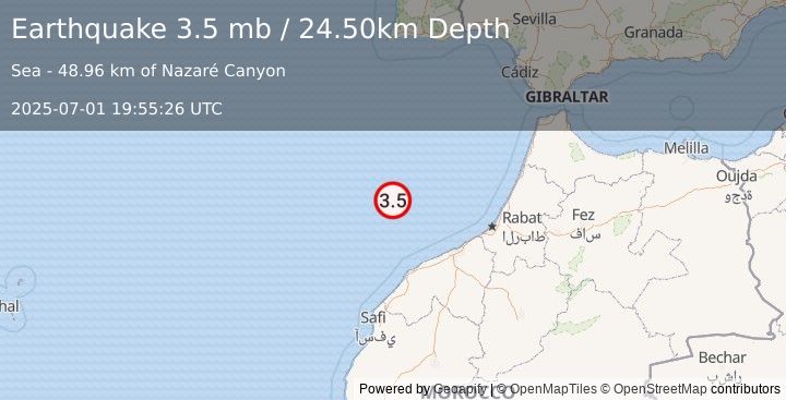Earthquake WEST OF GIBRALTAR (3.5 mb) (2025-07-01 19:55:26 UTC)