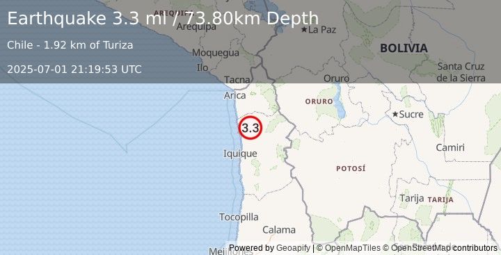 Earthquake TARAPACA, CHILE (3.3 ml) (2025-07-01 21:19:53 UTC)