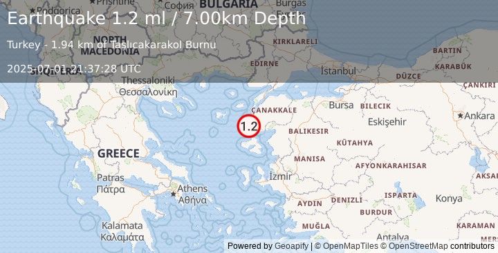 Earthquake NEAR THE COAST OF WESTERN TURKEY (1.2 ml) (2025-07-01 21:37:28 UTC)