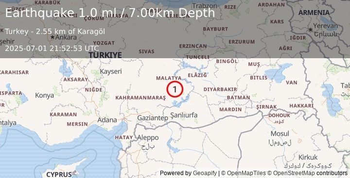 Earthquake EASTERN TURKEY (1.0 ml) (2025-07-01 21:52:53 UTC)