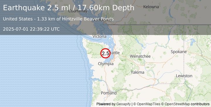 Earthquake PUGET SOUND REGION, WASHINGTON (2.5 ml) (2025-07-01 22:39:22 UTC)