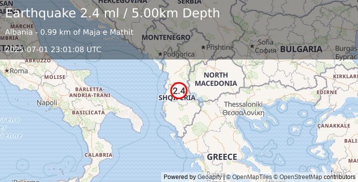 Earthquake ALBANIA (2.6 ml) (2025-07-01 23:01:09 UTC)