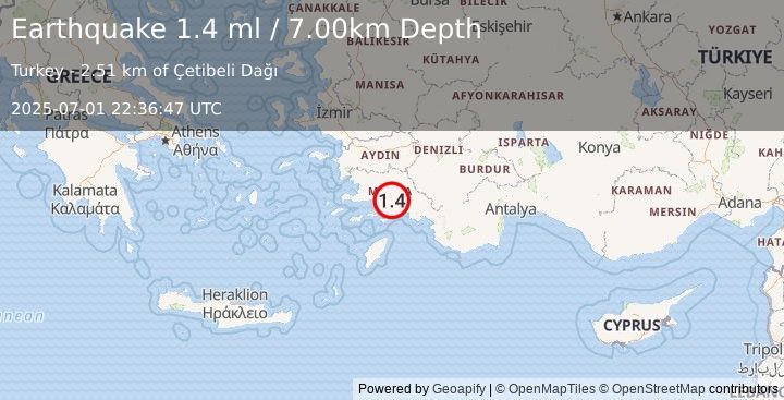 Earthquake WESTERN TURKEY (1.4 ml) (2025-07-01 22:36:47 UTC)