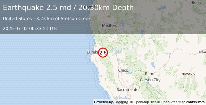 Earthquake NORTHERN CALIFORNIA (2.5 md) (2025-07-02 00:33:51 UTC)