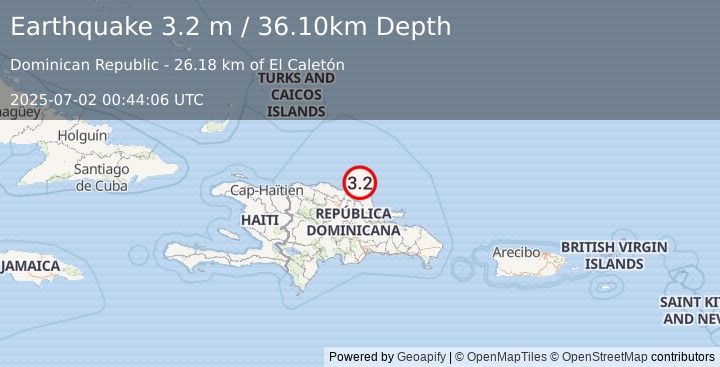 Earthquake DOMINICAN REPUBLIC REGION (3.2 m) (2025-07-02 00:44:06 UTC)