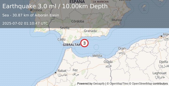 Earthquake STRAIT OF GIBRALTAR (3.1 ml) (2025-07-02 01:10:44 UTC)