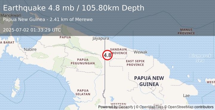 Earthquake NEW GUINEA, PAPUA NEW GUINEA (4.8 mb) (2025-07-02 01:33:29 UTC)