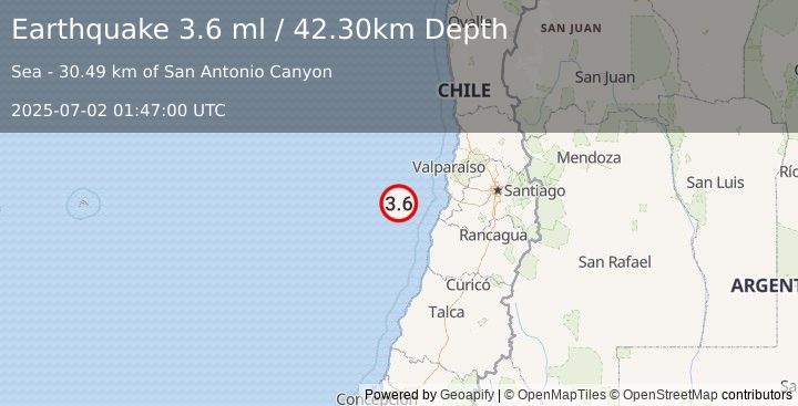 Earthquake OFFSHORE VALPARAISO, CHILE (3.6 ml) (2025-07-02 01:47:00 UTC)