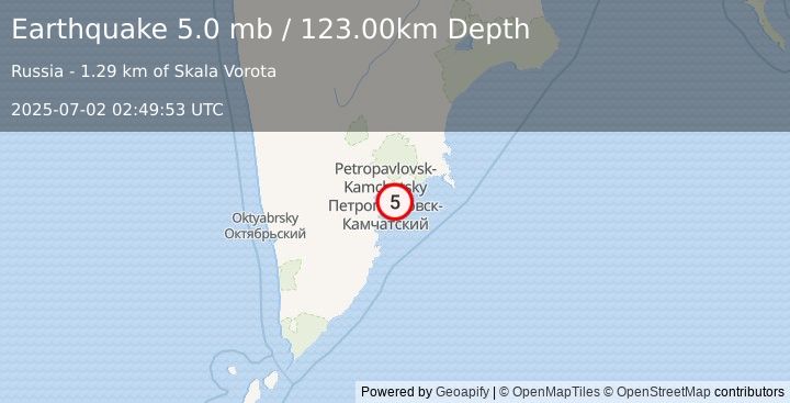 Earthquake NEAR EAST COAST OF KAMCHATKA (4.9 mb) (2025-07-02 02:49:49 UTC)