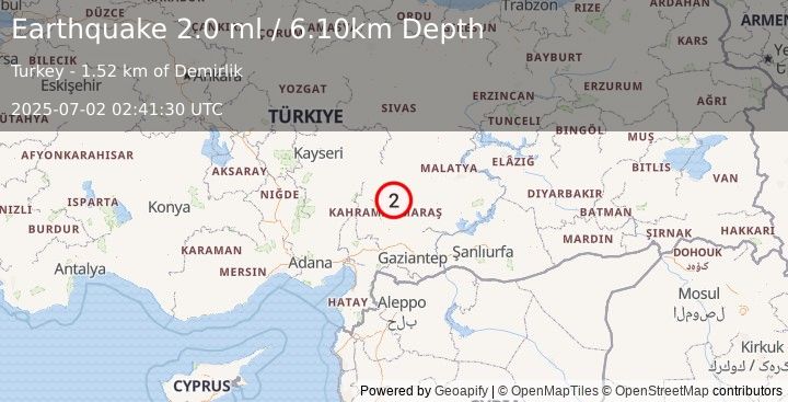 Earthquake CENTRAL TURKEY (2.0 ml) (2025-07-02 02:41:30 UTC)