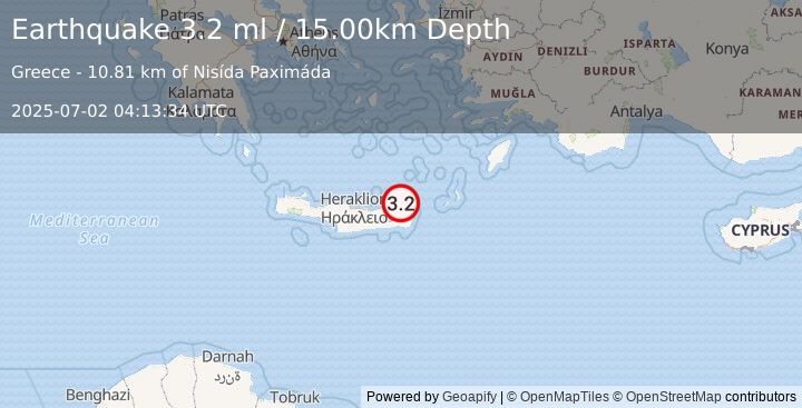 Earthquake CRETE, GREECE (3.2 ml) (2025-07-02 04:13:34 UTC)