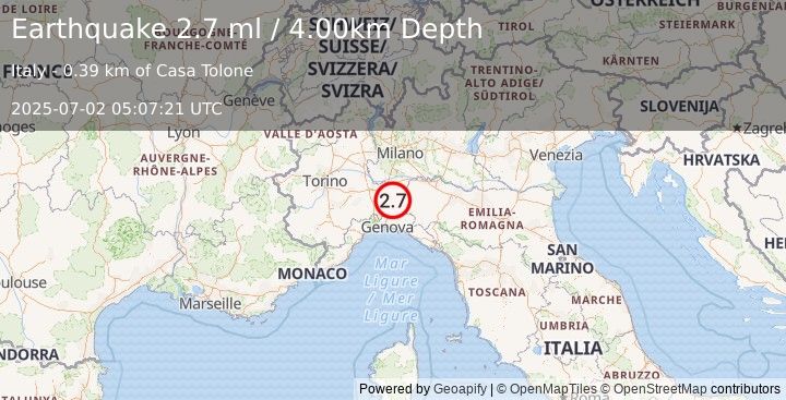 Earthquake NORTHERN ITALY (2.4 ml) (2025-07-02 05:07:22 UTC)