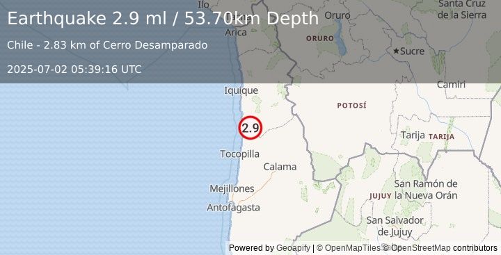 Earthquake TARAPACA, CHILE (2.9 ml) (2025-07-02 05:39:16 UTC)