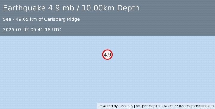 Earthquake CARLSBERG RIDGE (4.9 mb) (2025-07-02 05:41:18 UTC)