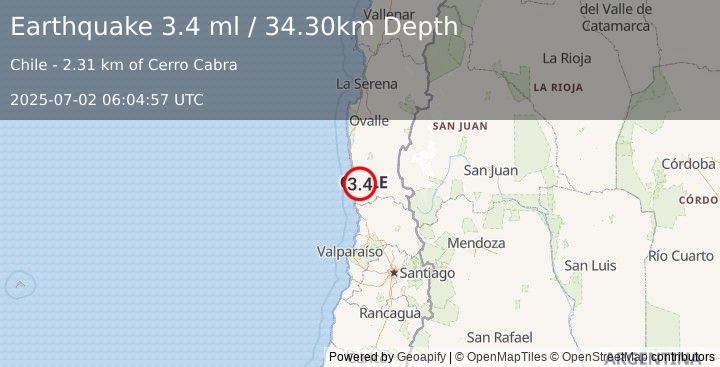 Earthquake COQUIMBO, CHILE (3.4 ml) (2025-07-02 06:04:57 UTC)