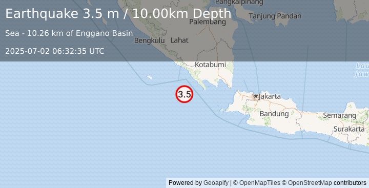 Earthquake SOUTHWEST OF SUMATRA, INDONESIA (3.5 m) (2025-07-02 06:32:35 UTC)