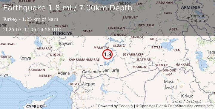 Earthquake EASTERN TURKEY (1.8 ml) (2025-07-02 06:14:58 UTC)