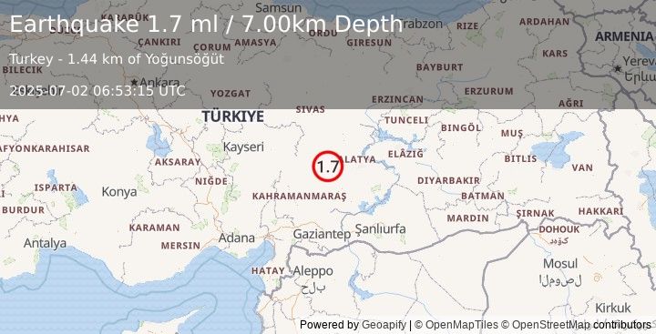 Earthquake CENTRAL TURKEY (1.7 ml) (2025-07-02 06:53:15 UTC)