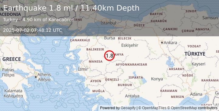 Earthquake WESTERN TURKEY (1.8 ml) (2025-07-02 07:48:12 UTC)