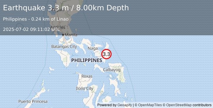 Earthquake CATANDUANES, PHILIPPINES (3.3 m) (2025-07-02 09:11:02 UTC)