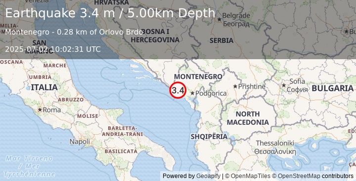 Earthquake MONTENEGRO (3.4 m) (2025-07-02 10:02:31 UTC)