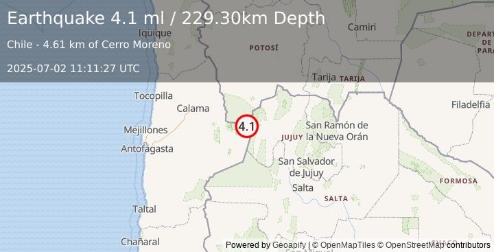 Earthquake ANTOFAGASTA, CHILE (4.4 ml) (2025-07-02 11:11:28 UTC)