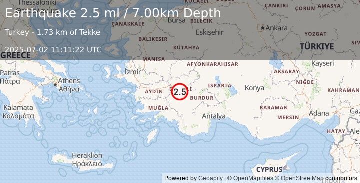 Earthquake WESTERN TURKEY (2.5 ml) (2025-07-02 11:11:22 UTC)