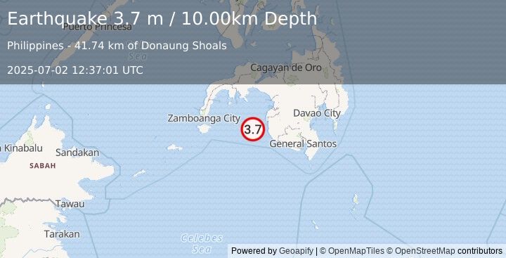 Earthquake MORO GULF, MINDANAO, PHILIPPINES (3.7 m) (2025-07-02 12:37:01 UTC)