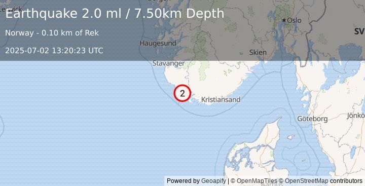 Earthquake SOUTHERN NORWAY (2.0 ml) (2025-07-02 13:20:23 UTC)