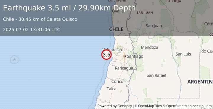 Earthquake OFFSHORE VALPARAISO, CHILE (3.5 ml) (2025-07-02 13:31:06 UTC)