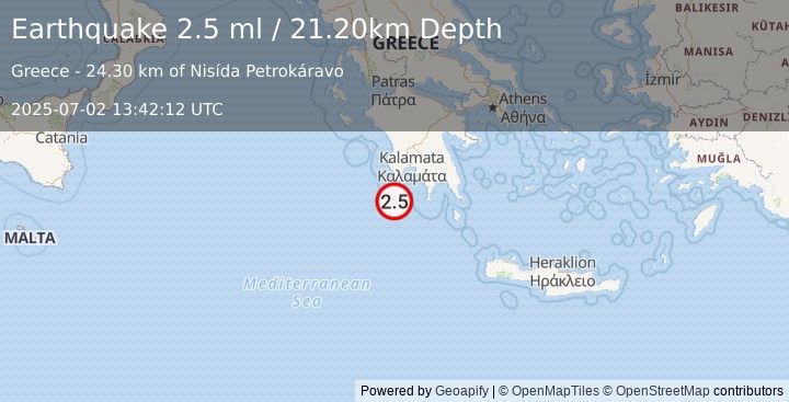 Earthquake SOUTHERN GREECE (2.5 ml) (2025-07-02 13:42:12 UTC)